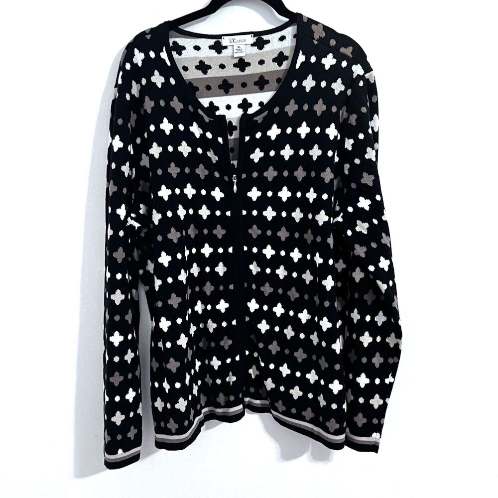 The Tog Shop Cardigan Sweater Size XL Black Tan Full Zip Geometric Preppy Career